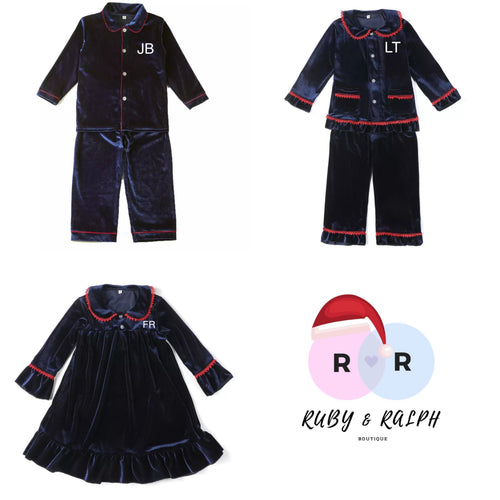 Personalised Navy Velvet Pyjamas - Ruby & Ralph Boutique